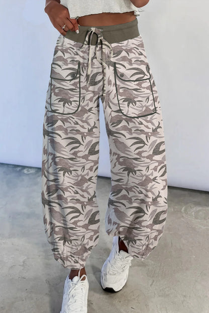 Khaki Drawstring Contrast Waistband Camouflage Cargo Barrel Pants
