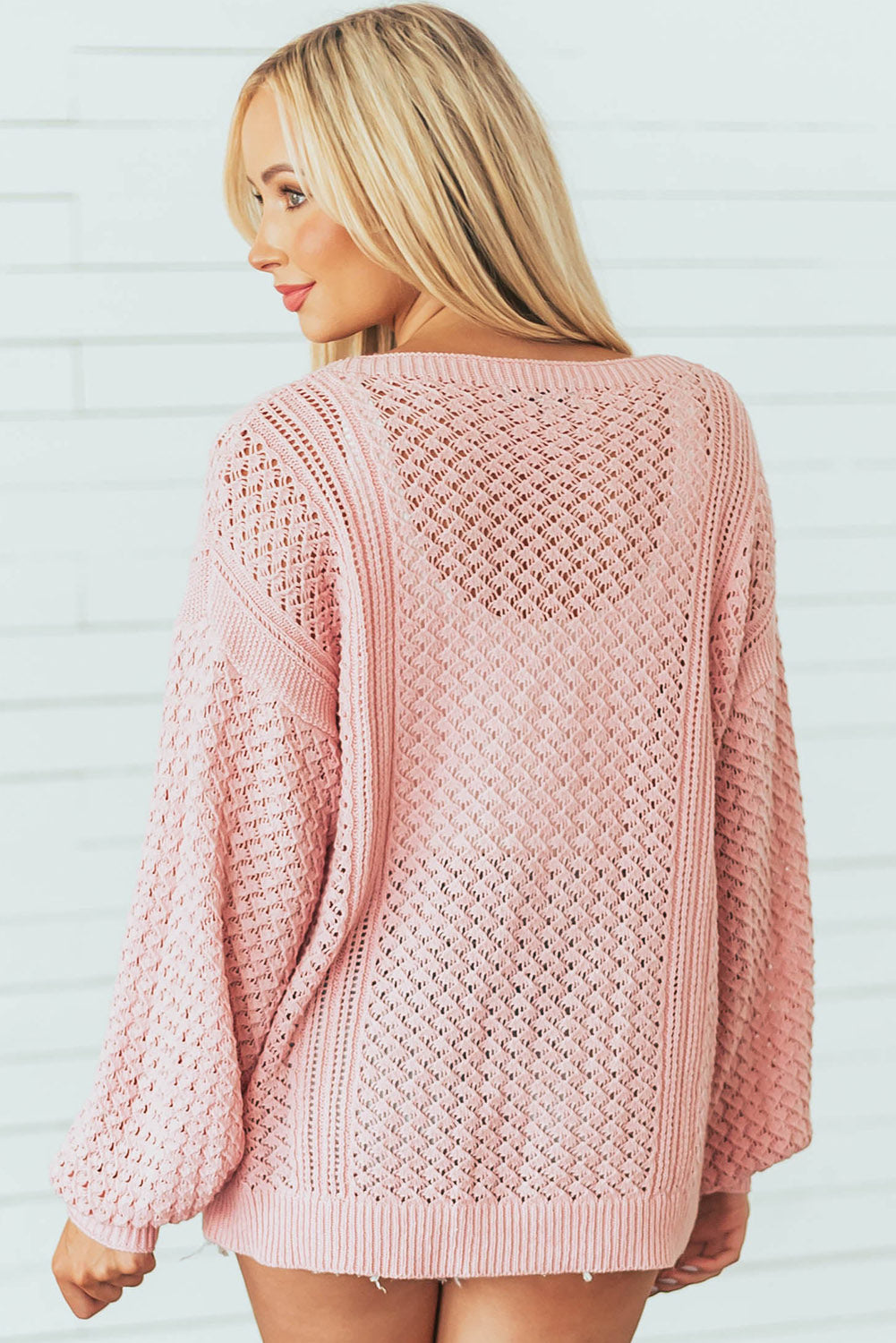 Pink Loose Pointelle Knit Ribbed V Neck Sweater