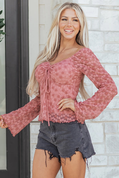 Peach Blossom Drawstring Knot Detail Floral Lace Blouse