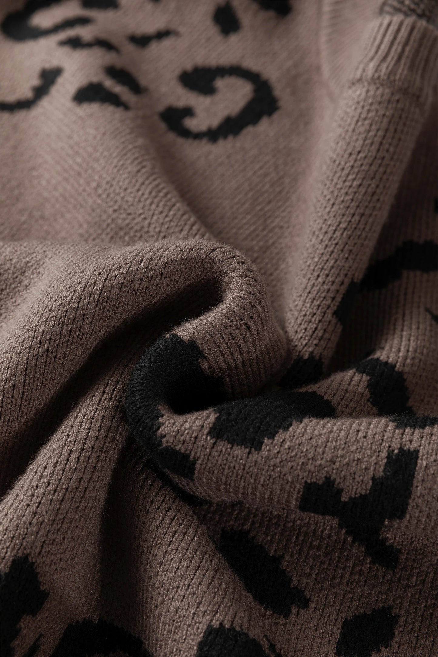 Camel Asymmetric Leopard Print Detail Drop Shoulder Sweater