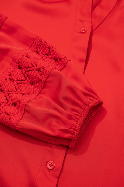 Fiery Red Patchwork Lace Long Sleeve V Neck Button Front Shirt
