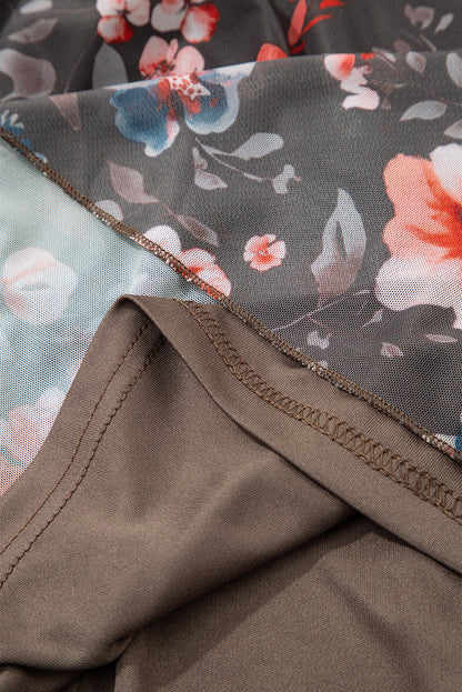 Brown Frilly Smocked Bodice Floral Mesh Long Sleeve Mini Dress