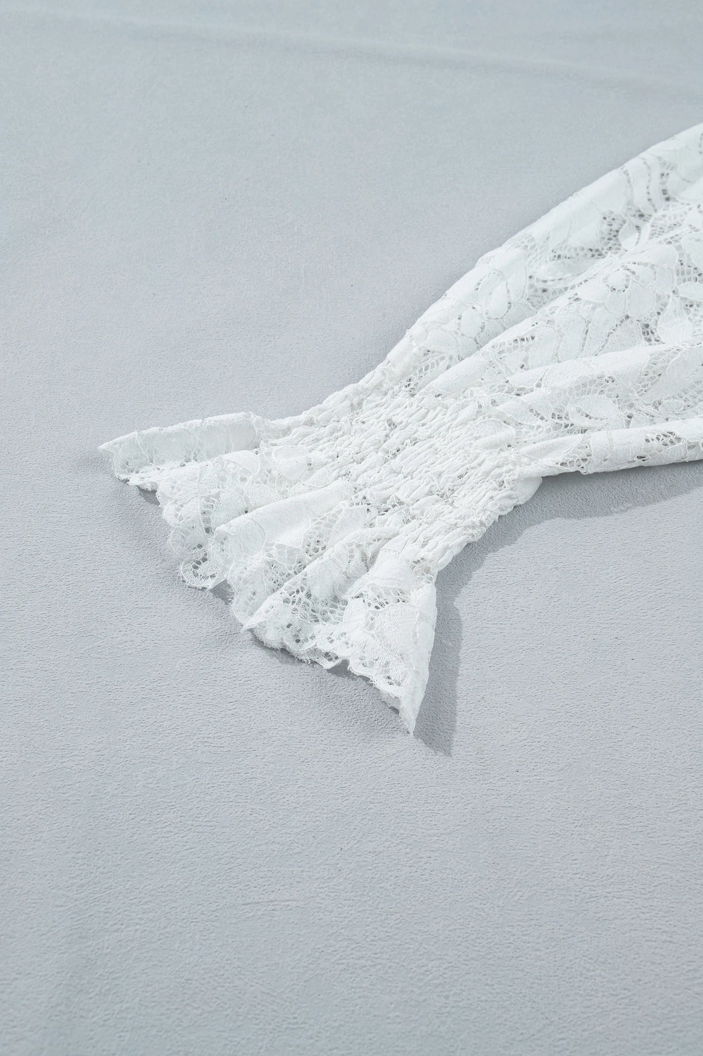 White Ruffled Round Neck Long Flounce Sleeve Sheer Lace Blouse