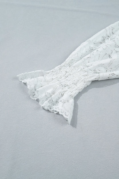 White Ruffled Round Neck Long Flounce Sleeve Sheer Lace Blouse