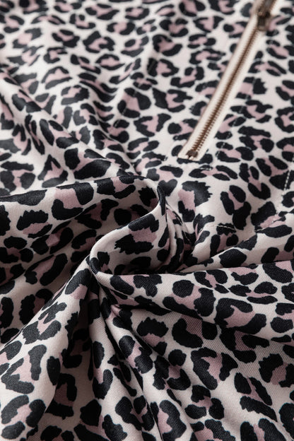 Khaki Leopard Print Half Zip up Blouse