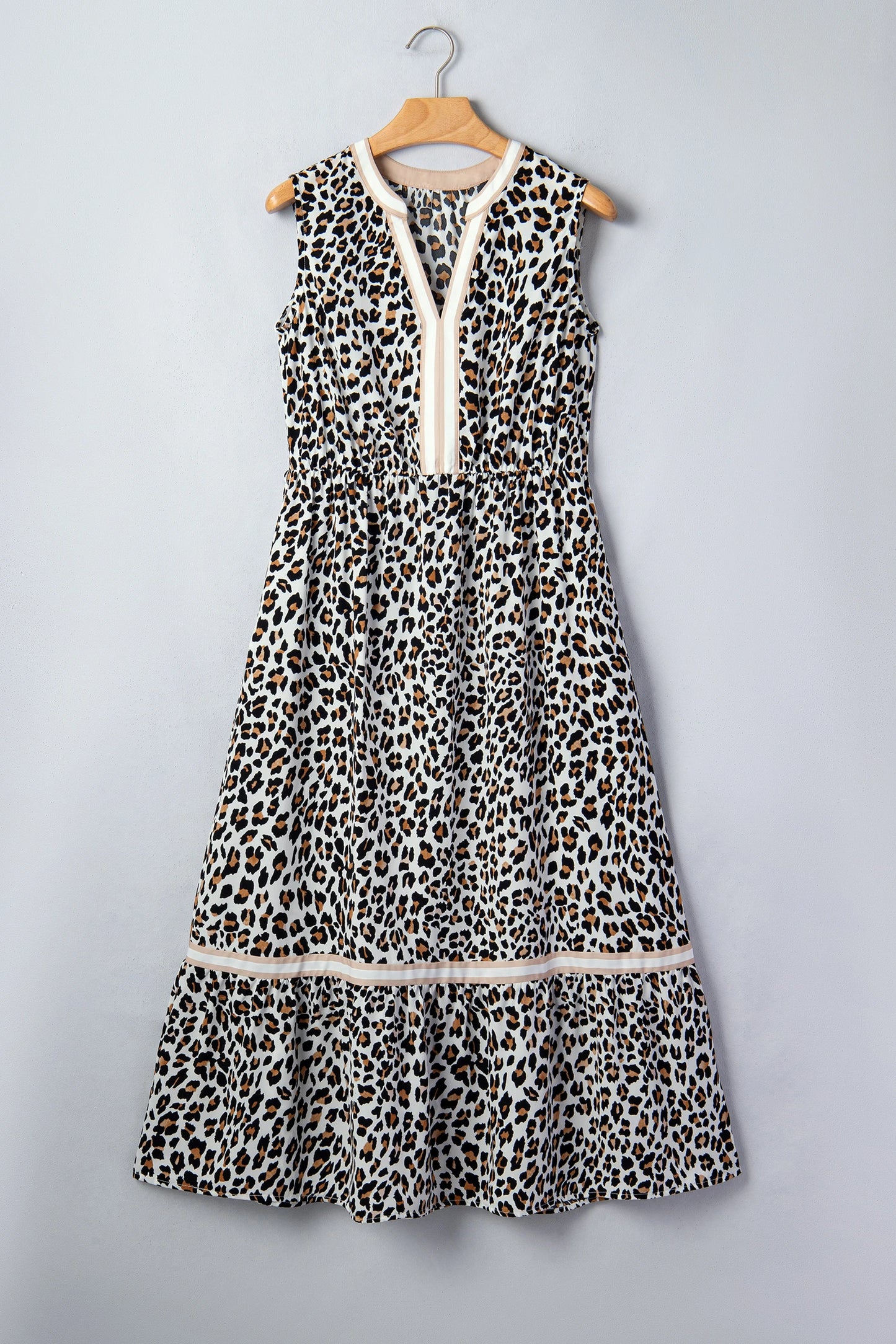 White Leopard Print Colorblock Trim Sleeveless Midi Dress