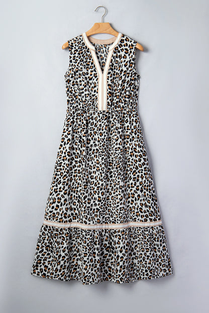 White Leopard Print Colorblock Trim Sleeveless Midi Dress