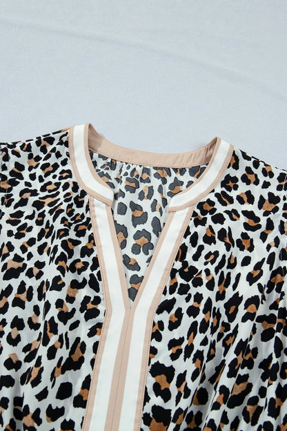 White Leopard Print Colorblock Trim Sleeveless Midi Dress