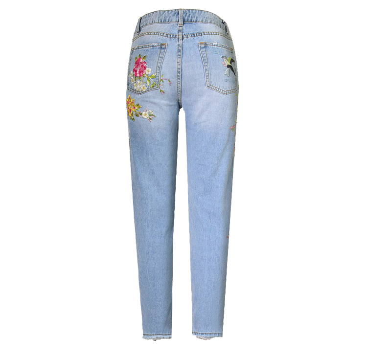 Bird Flower Straight Embroidery Jeans