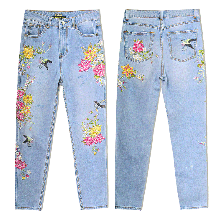 Bird Flower Straight Embroidery Jeans
