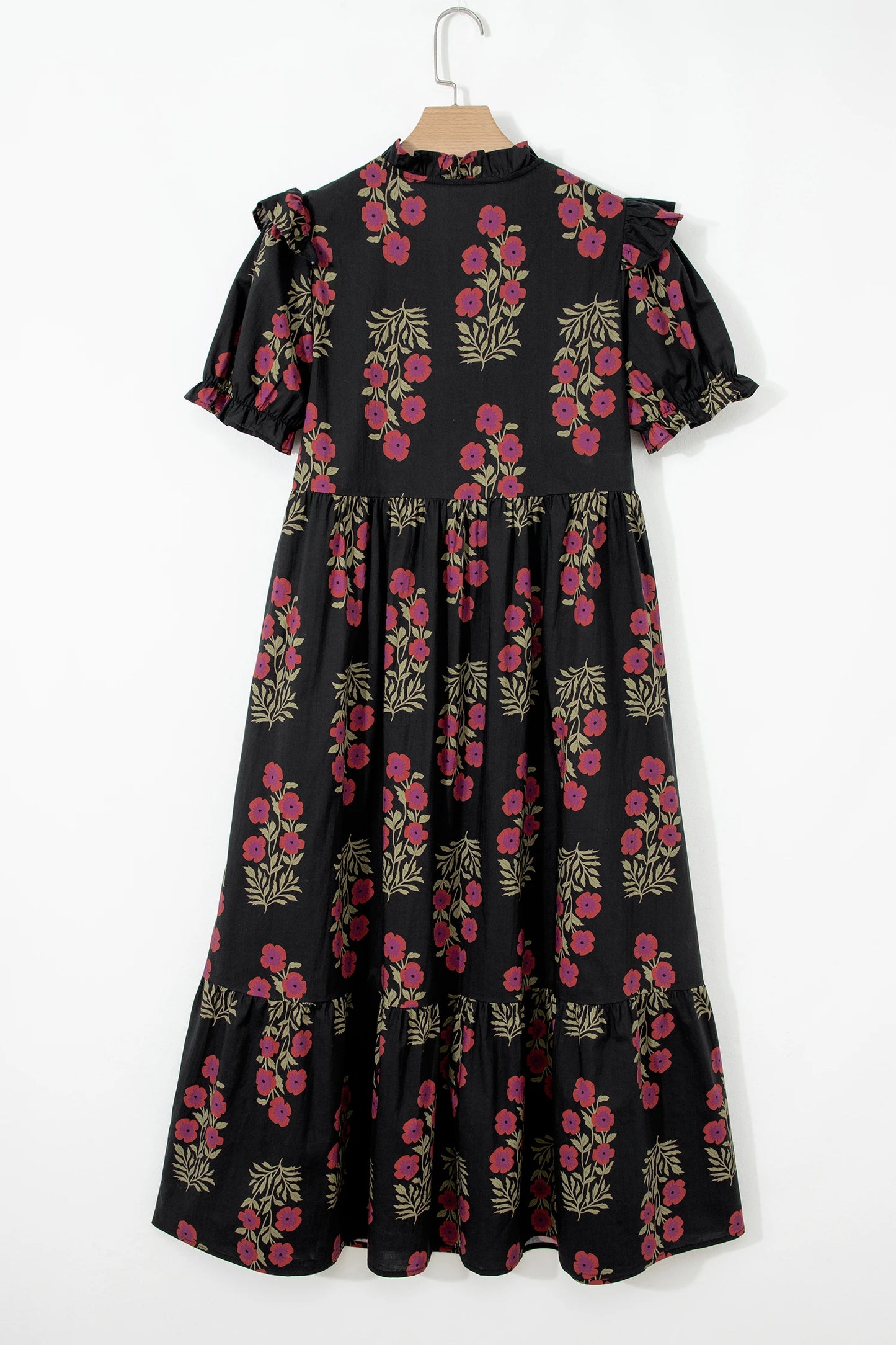Black Floral Short Bubble Sleeve Tiered Maxi Dress