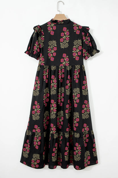 Black Floral Short Bubble Sleeve Tiered Maxi Dress