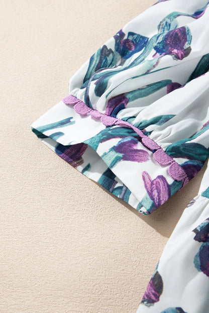 Purple Floral Ricrac Trim Half Sleeve Peplum Top