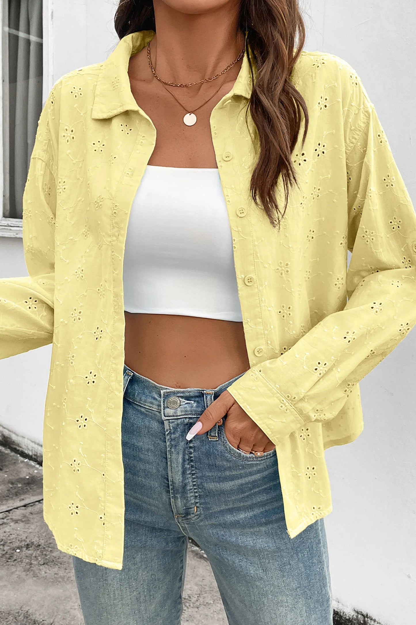 Solid Eyelet Flower Pattern Button Down Loose Shirt