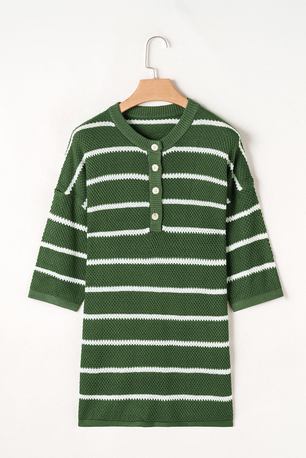 Stripe Henley Buttoned Placket Drop Shoulder Bracelet Sleeve Knit Sweater Tee