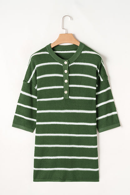 Stripe Henley Buttoned Placket Drop Shoulder Bracelet Sleeve Knit Sweater Tee