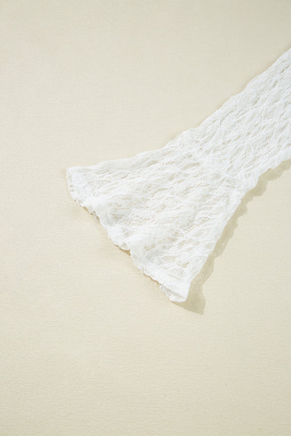 White Sheer Lace Bell Sleeve Mock Neck Blouse