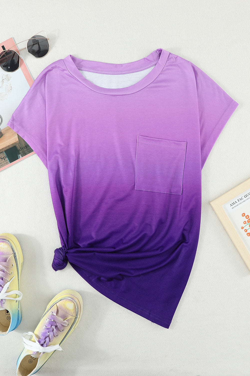 Purple Gradient Color Short Sleeve T-Shirt with Pocket