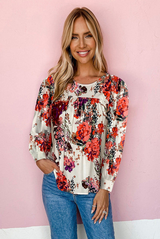 Red Retro Floral Long Sleeve Blouse