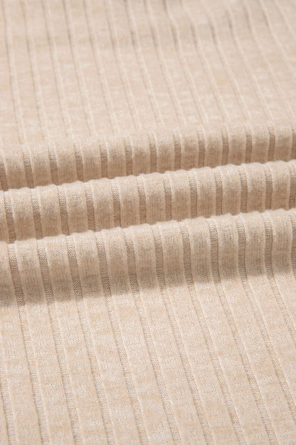 Apricot Solid Color Ribbed Knit Cowl Neck Long Sleeve Top