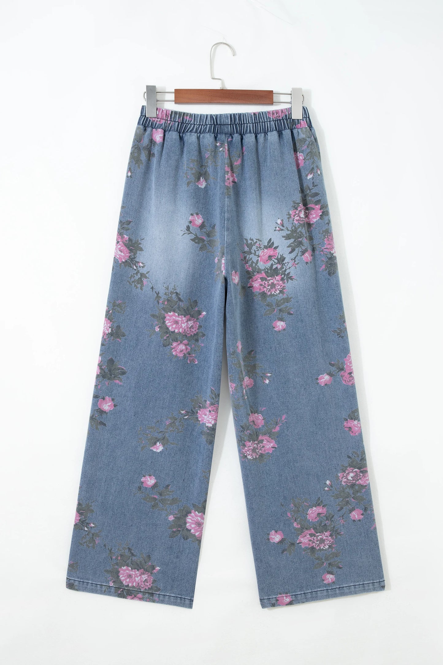 Beau Blue Floral Print Elastic Waist Pull On Casual Jeans