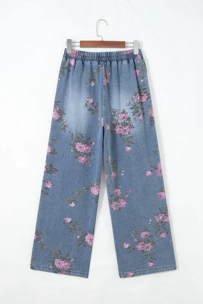 Beau Blue Floral Print Elastic Waist Pull On Casual Jeans