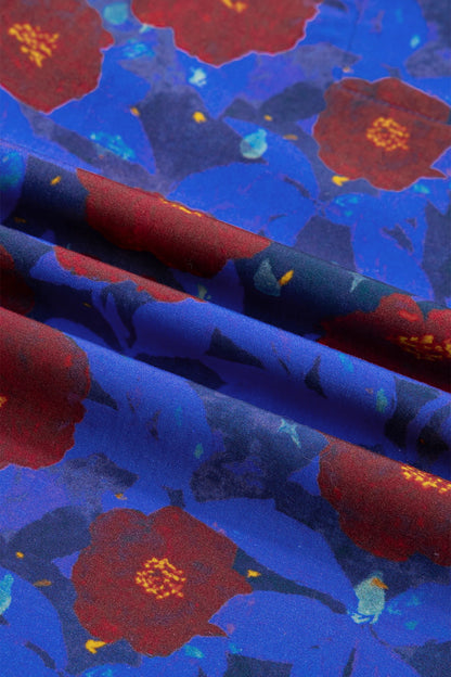 Blue Ruffled Short Balloon Sleeve Frilled V Neck Floral Blouse