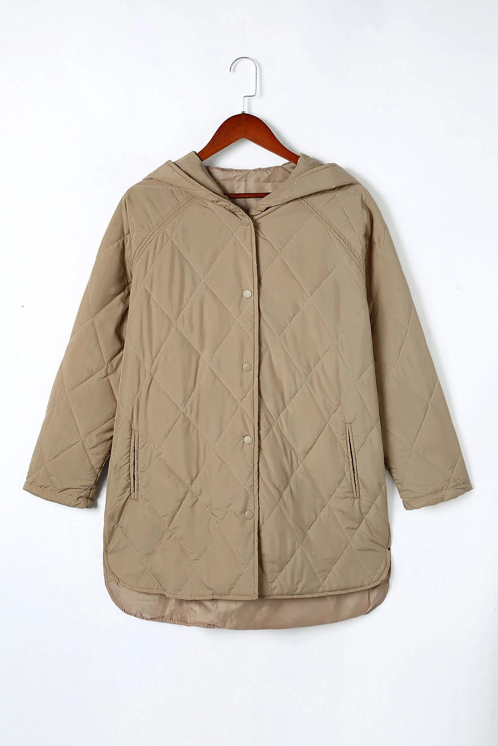 Khaki Quilted Snap Button Hooded Puffer Coat