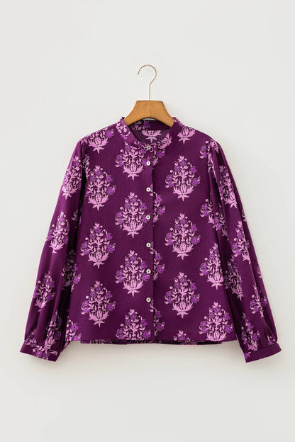 Purple Floral Print Button Front Long Puff Sleeve Shirt