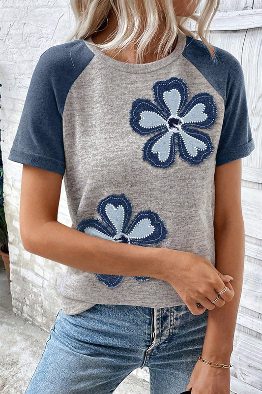 Dark Blue Floral Patchwork Colorblock Raglan Sleeve T Shirt