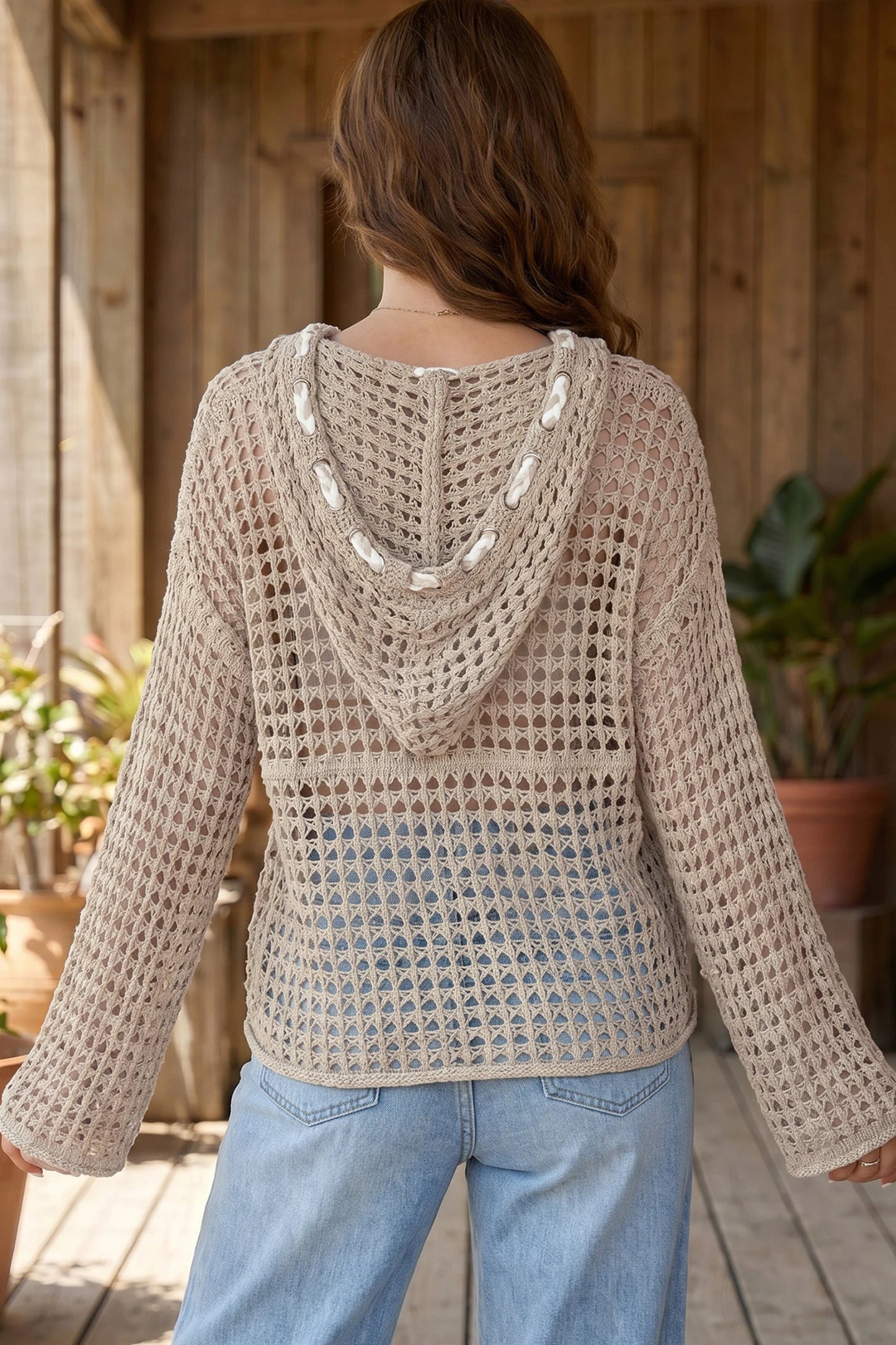 Star Pattern Crochet Hooded Drawstring Sweater