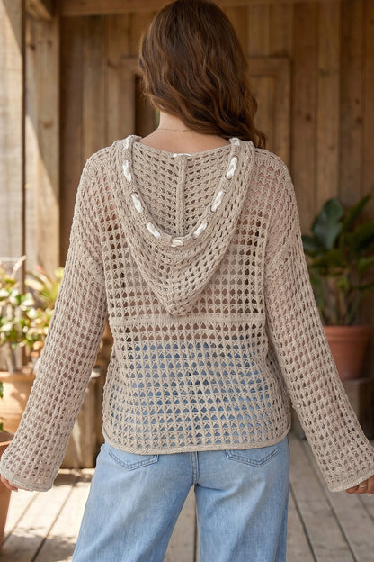 Star Pattern Crochet Hooded Drawstring Sweater