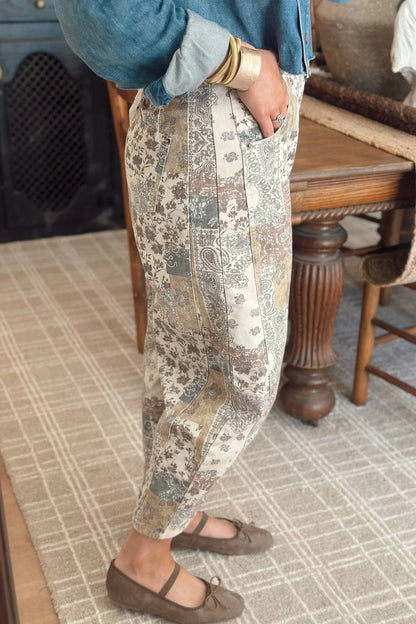Multicolour Boho Floral Patchwork Western Print Straight Leg Ankle-Length Jeans