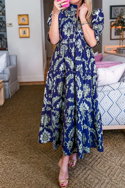 Blue Wild Floral Print Frilled Collar Half Sleeve Long Dress