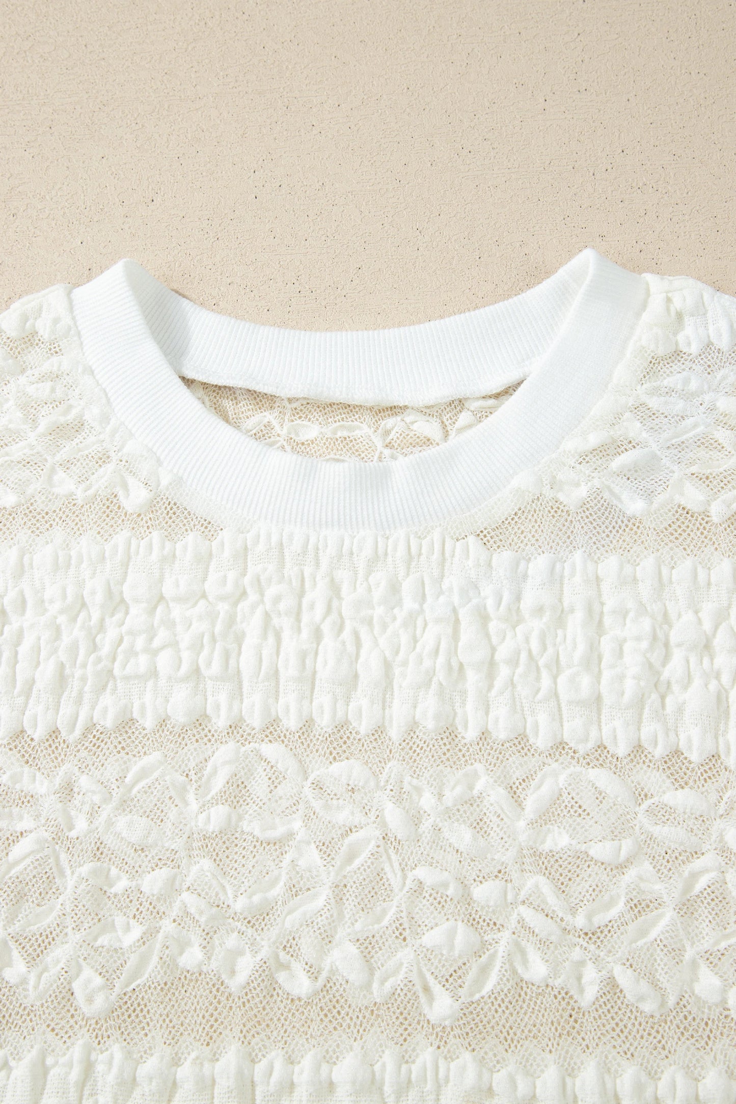 White Sheer Lace Textured Patchwork Short Sleeve Top