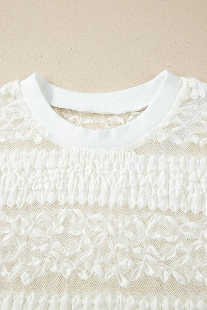 White Sheer Lace Textured Patchwork Short Sleeve Top