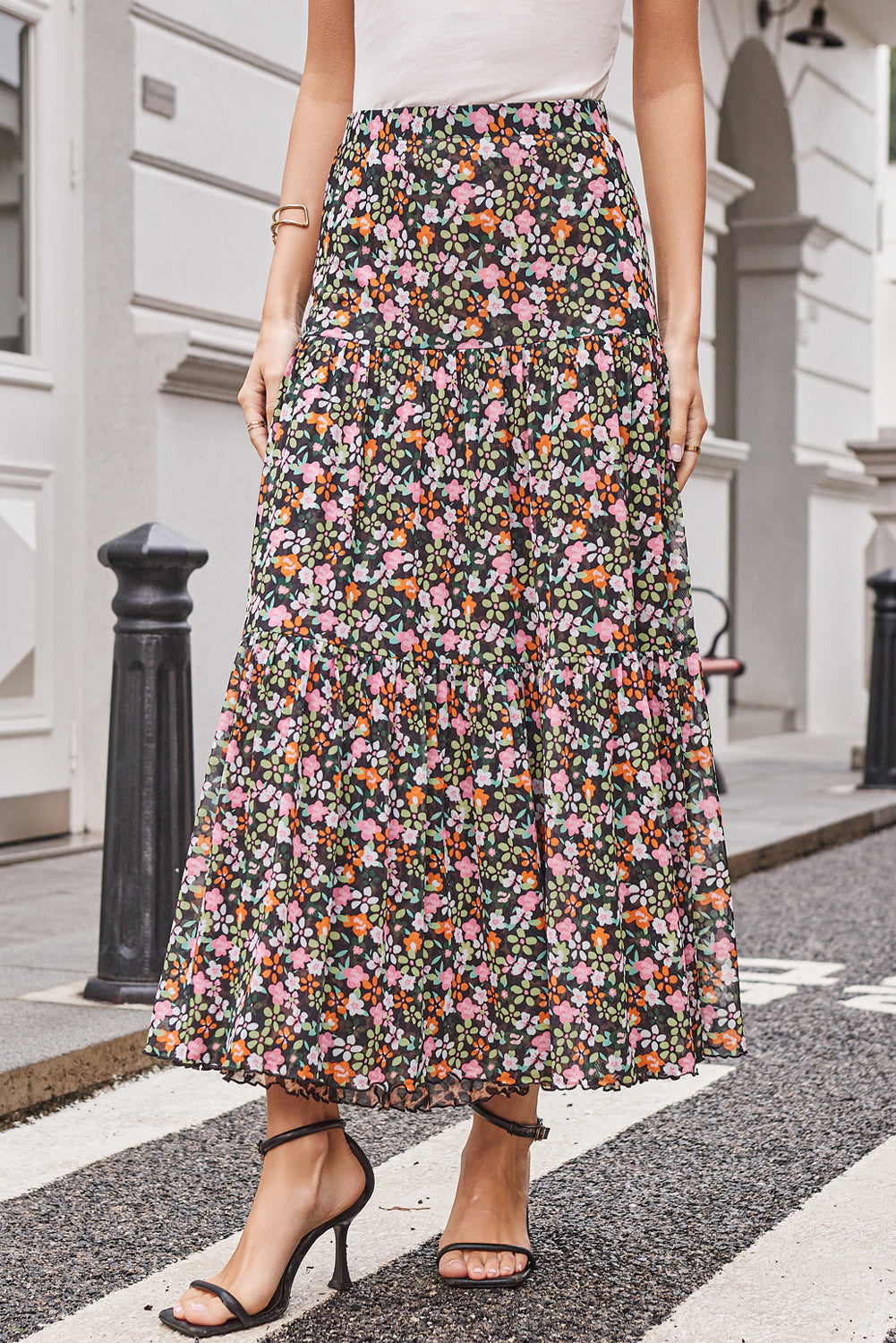 Brown Leopard Floral Reversible Ruffle Hem Maxi Skirt