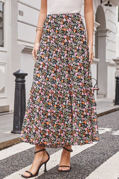 Brown Leopard Floral Reversible Ruffle Hem Maxi Skirt