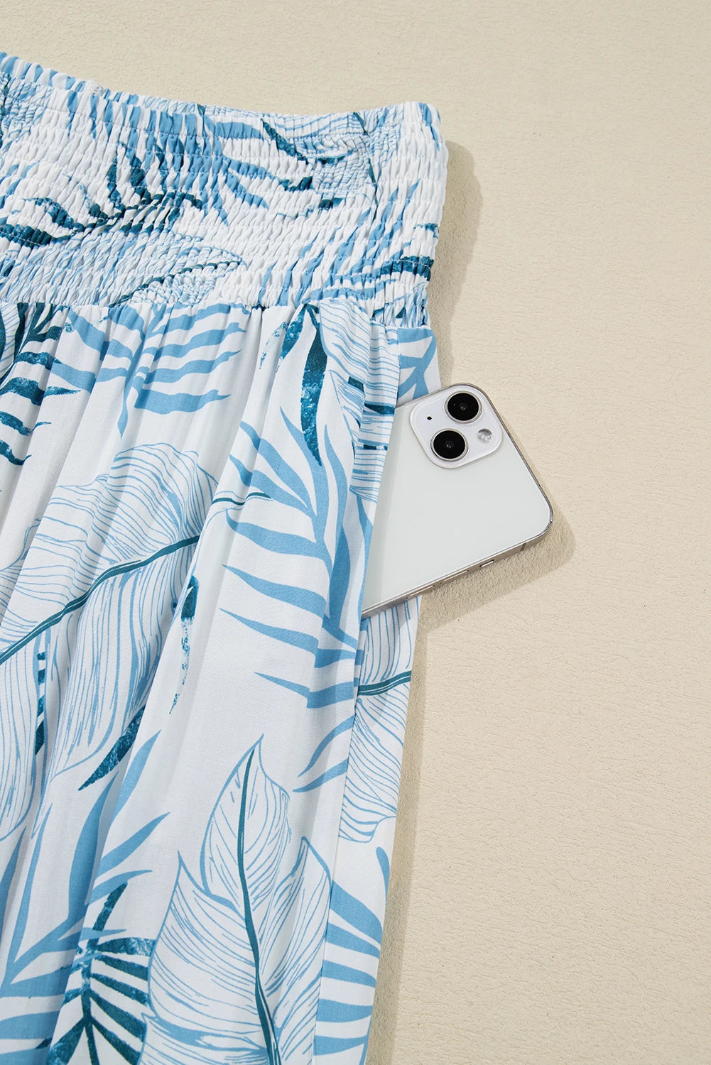 Botanic Print Shirred Waistband Wide Leg Pants