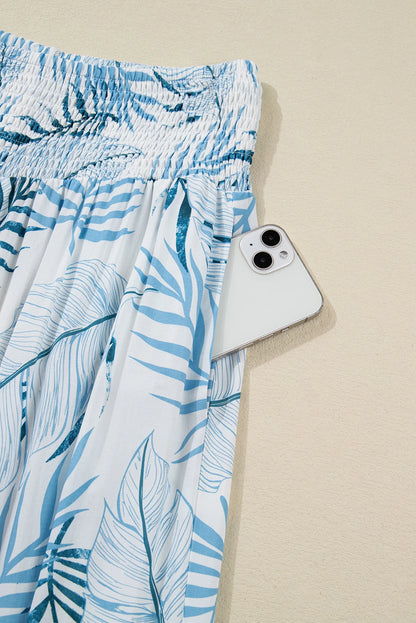 Botanic Print Shirred Waistband Wide Leg Pants