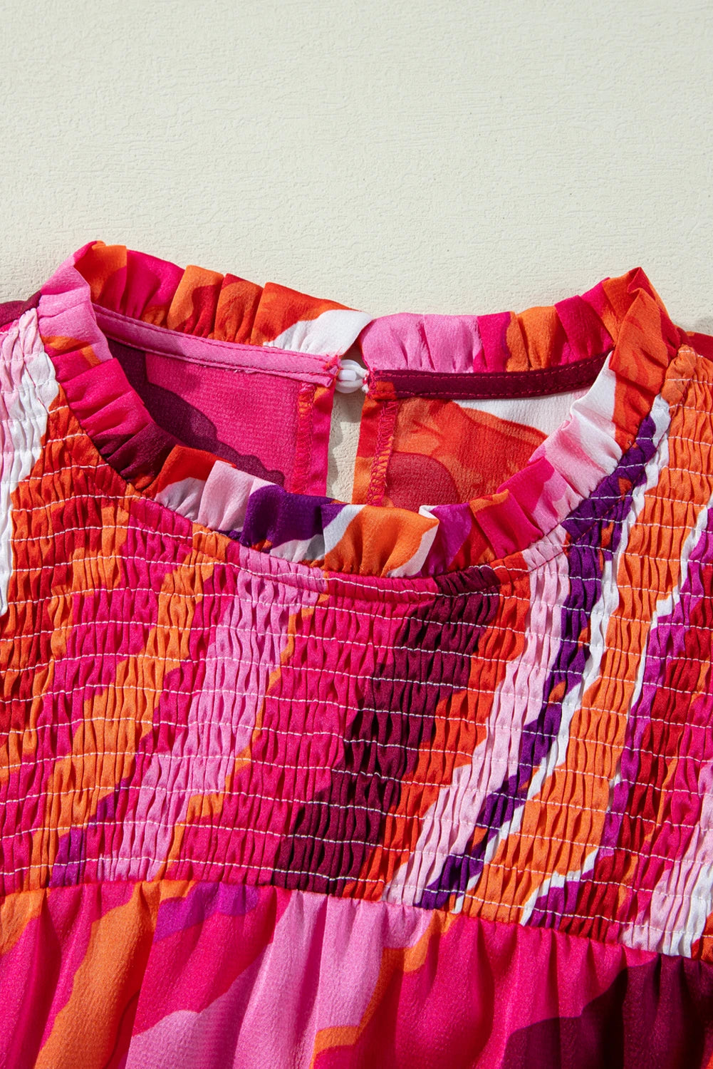 Rose Abstract Print Shirred Yoke Ruffled Blouse