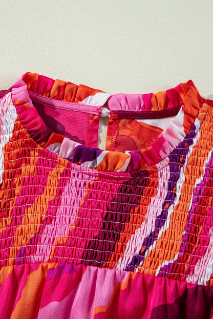 Rose Abstract Print Shirred Yoke Ruffled Blouse