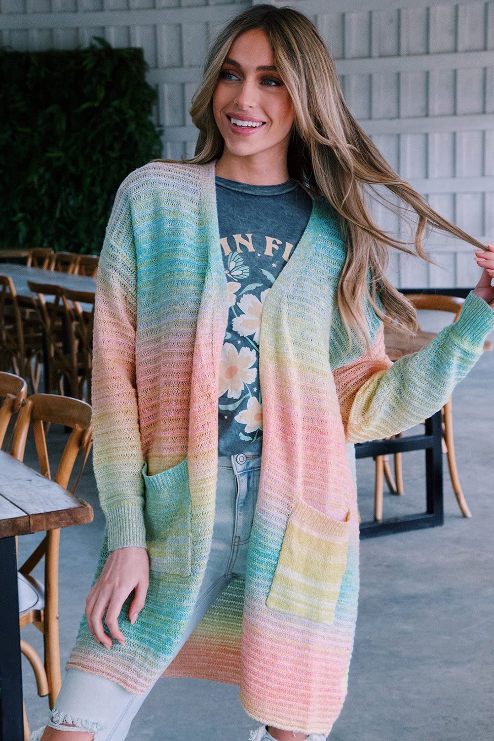 Gradient Knit Open Cardigan with Pockets