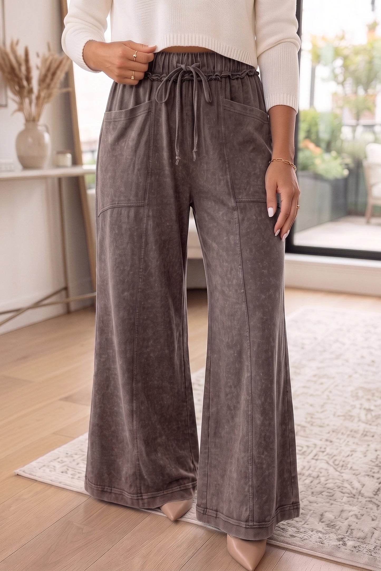 Mineral Wash Seam Detail Flare Leg Drawstring Pants