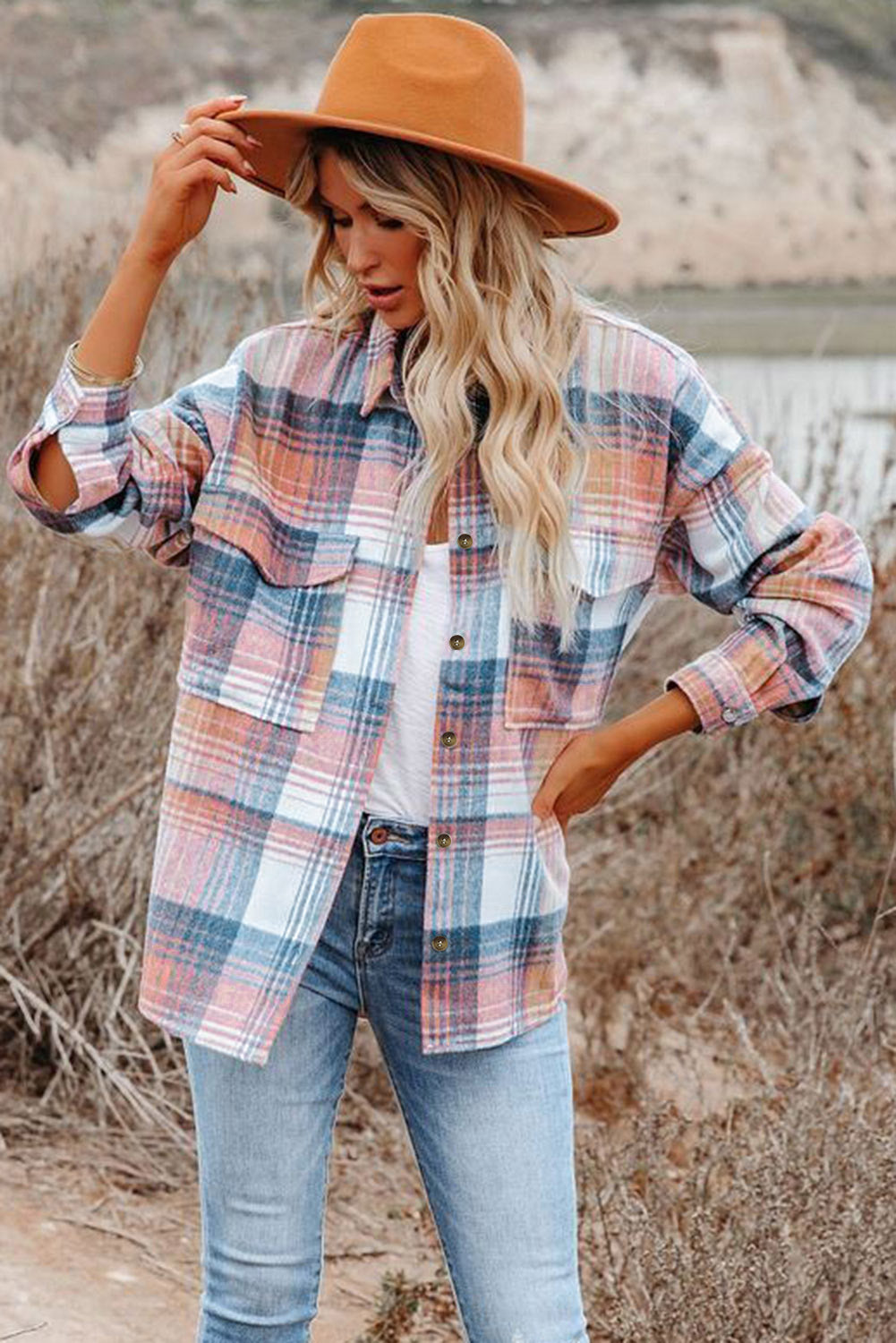 Pink Plaid Flap Pockets Shacket