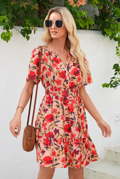 Red Floral Print Wrap V Neck Short Sleeve High Waistband Mini Dress
