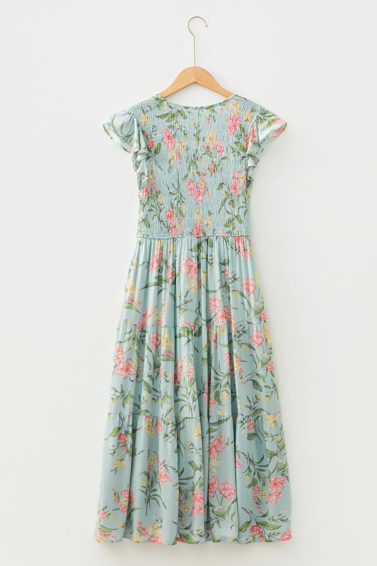 Smocked Bodice Ruffled Sleeveless Tiered Floral Maxi Dress