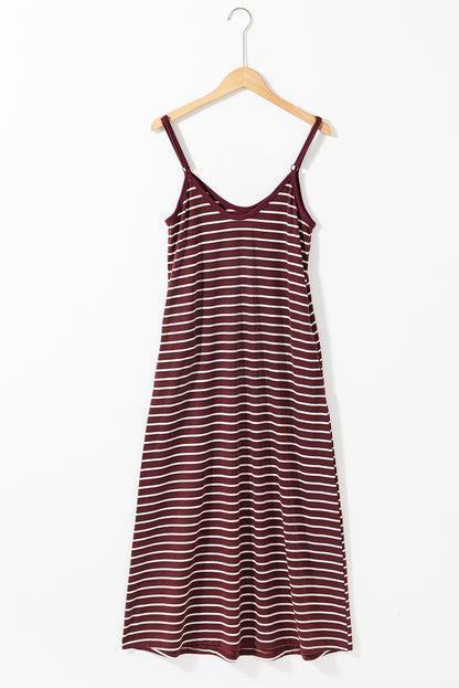 Red Stripe Striped Side Pockets Spaghetti Straps Maxi Dress