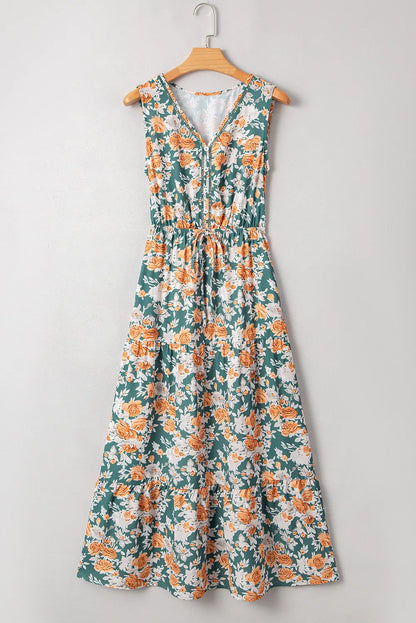 Green Floral Print Trimmed V Neck Tie Waist Sleeveless Holiday Long Dress