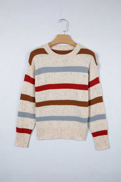 Beige Stripe Exposed Seam Drop Shoulder Heathered Knit Sweater
